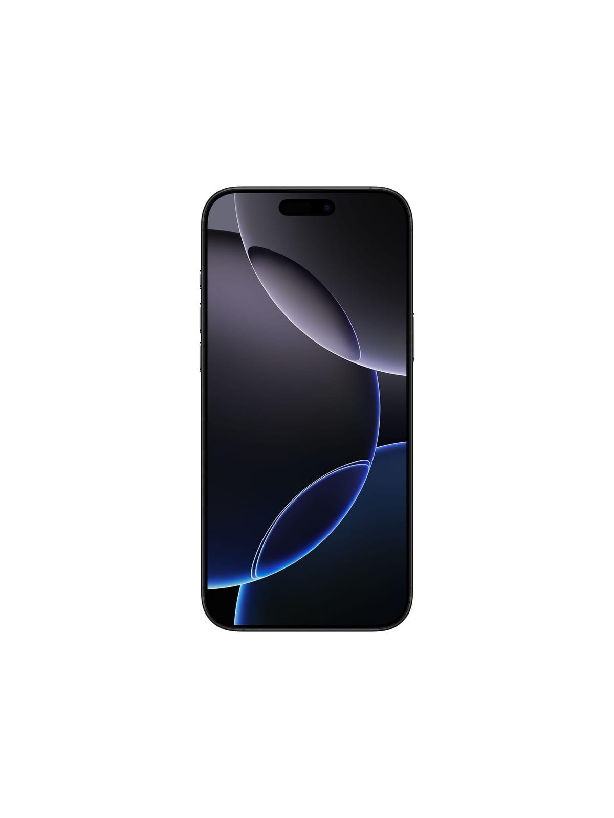 Apple iPhone 16 Pro Max front view with black frame, narrow bezel, and purple blue wallpaper