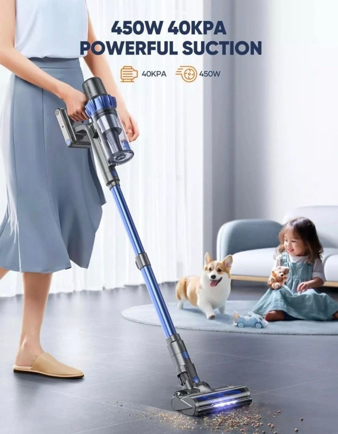 INTETURE Cordless Vacuum Cleaner 450W/40Kpa, Powerful Stick Hoover Pets, Carpet