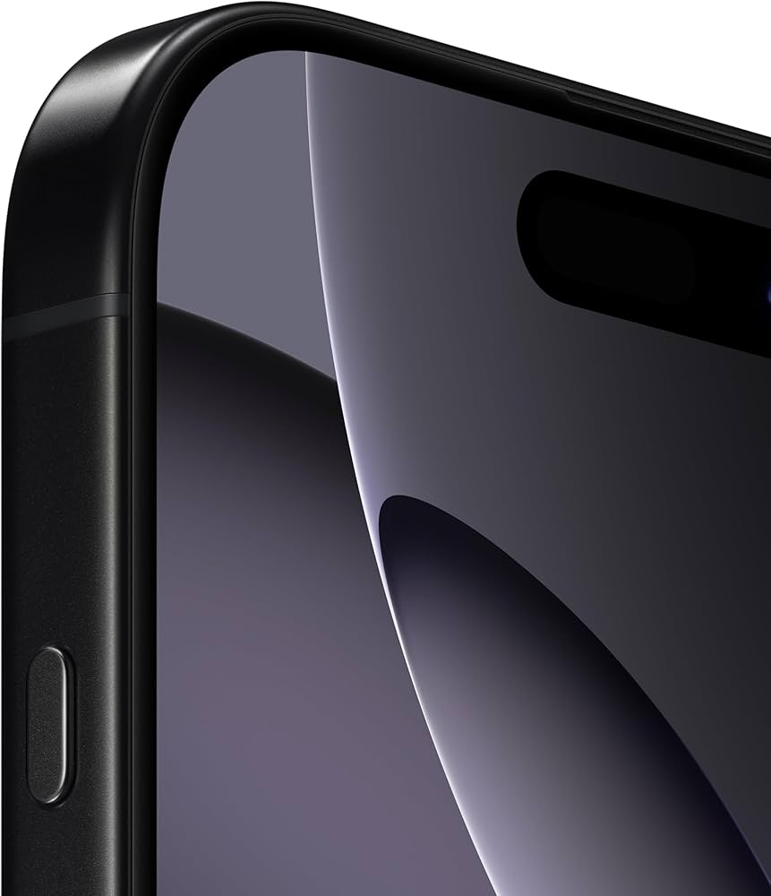 Close-up of Apple iPhone 16 Pro Max curved edge, notch camera, and textured side button
