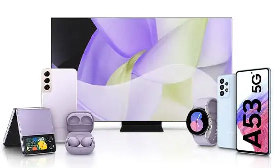 Collection of Samsung electronic devices including a phone, watch, and earbuds on a white background.