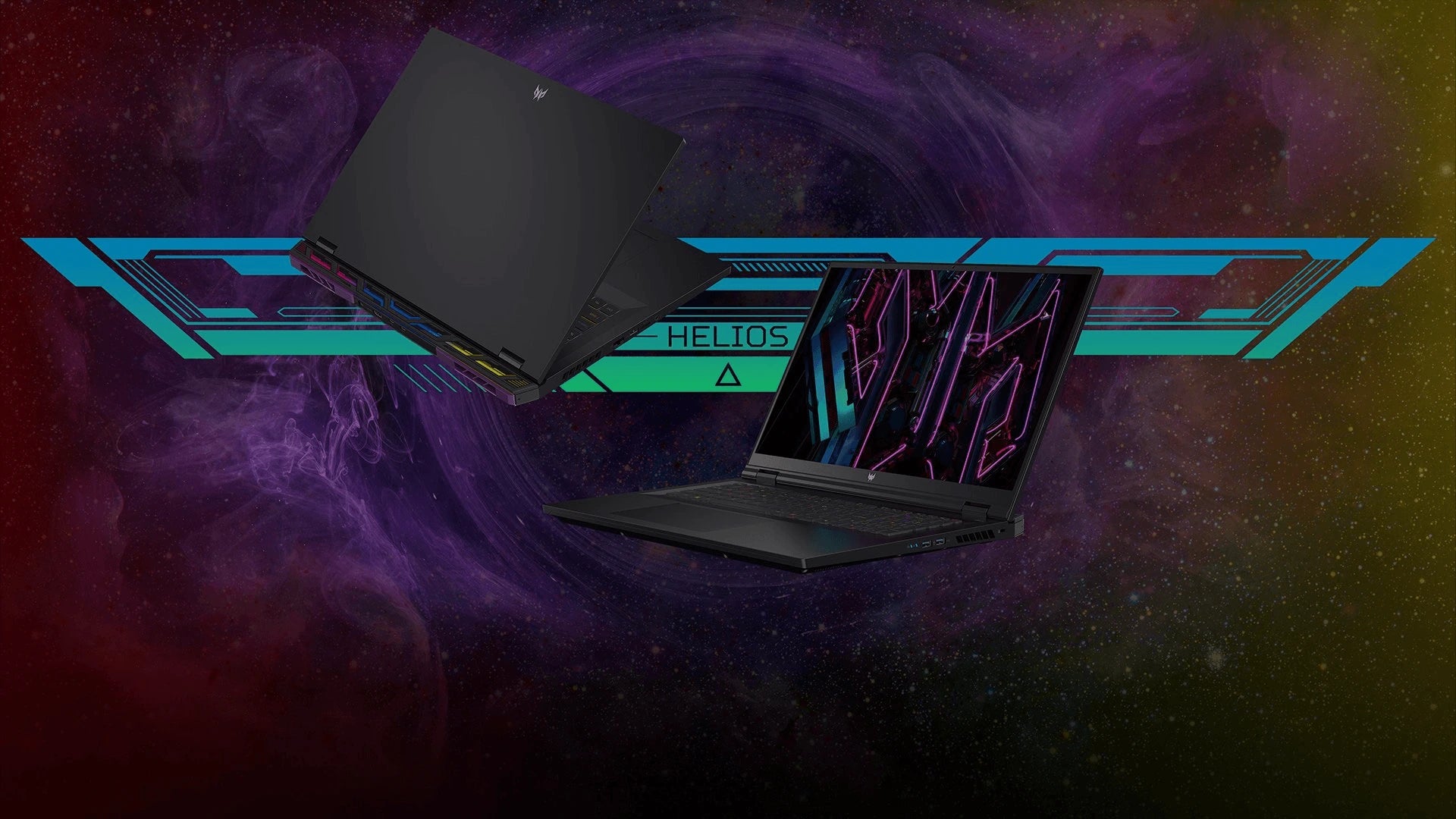 Gaming laptop with futuristic design on a cosmic background