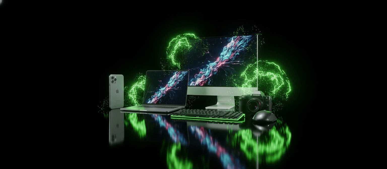 Gaming setup with monitor, keyboard, and mouse on a reflective surface with glowing green elements.