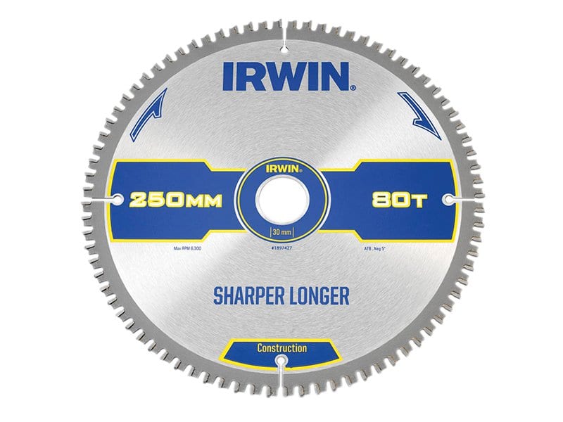 IRWIN Construction Circular Saw Blade 250 x 30mm x 80T ATB/Neg M