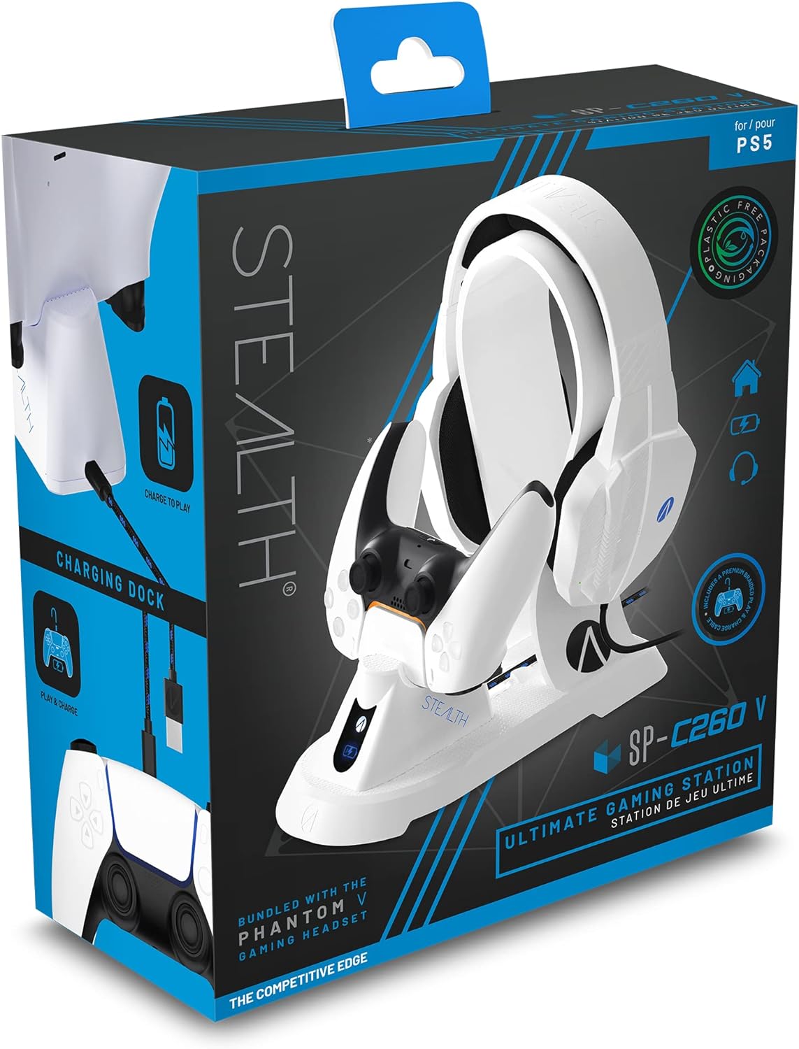 Stealth SP-C260V Ultimate Charging Station for Playstation 5 Including Phantom Gaming Headset with Microphone and 40mm Speakers Fully Adjustable Reinforced Headband, Comfortable & Durable, White(New)