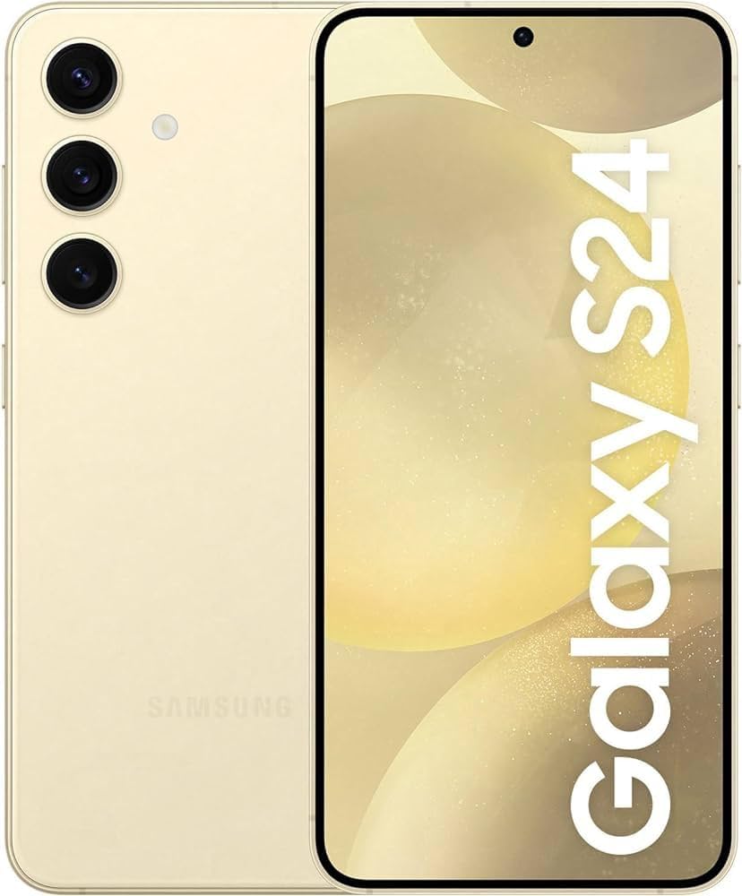 Samsung Galaxy S24 mobile phone in amber yellow with dual SIM slots, unlocked and like new, front and back view.