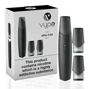 Vype ePen 3 Starter Kit with black vape device, USB charger and two 2ml pre-filled pods
