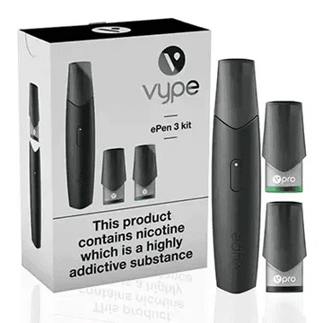Vype ePen 3 Starter Kit with black vape device, USB charger and two 2ml pre-filled pods