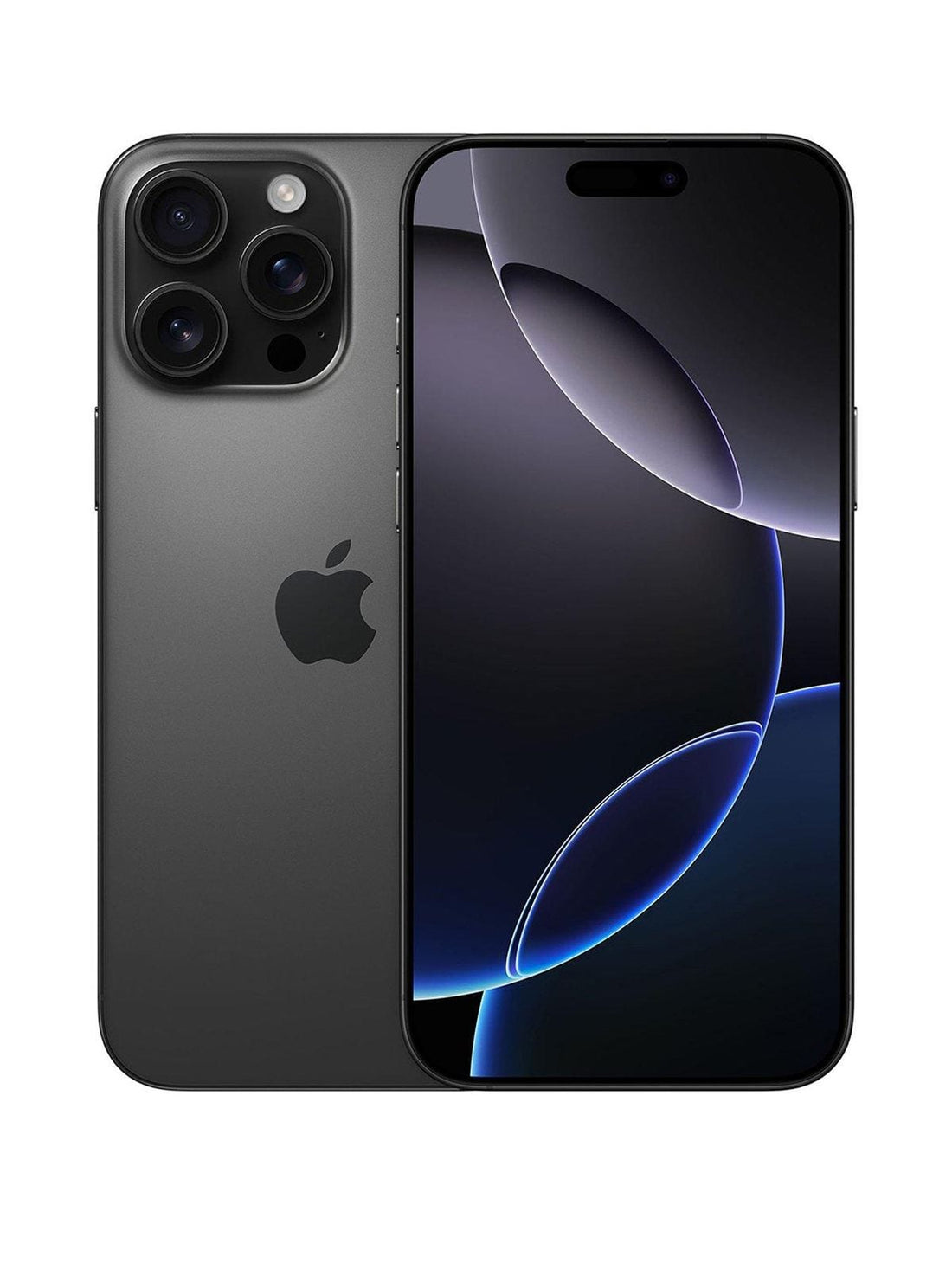 Apple iPhone 16 Pro Max front and back split view showing black titanium finish and display