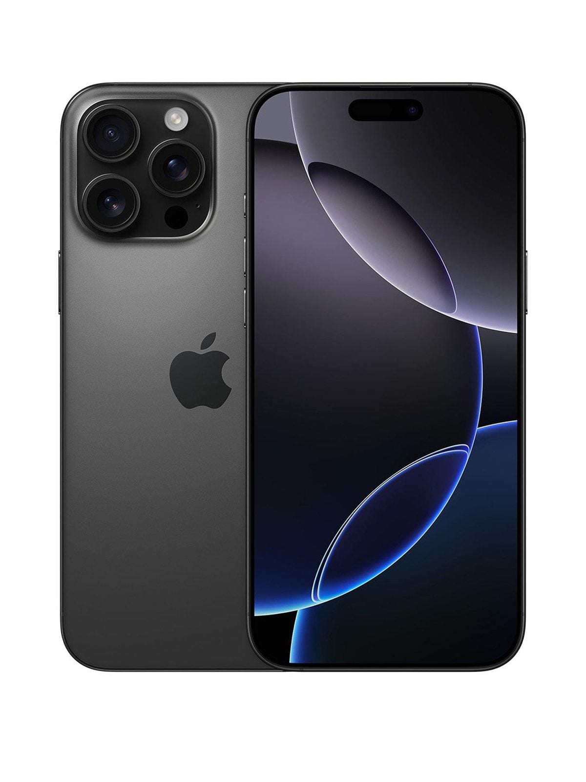 Apple iPhone 16 Pro Max front and back split view showing black titanium finish and display