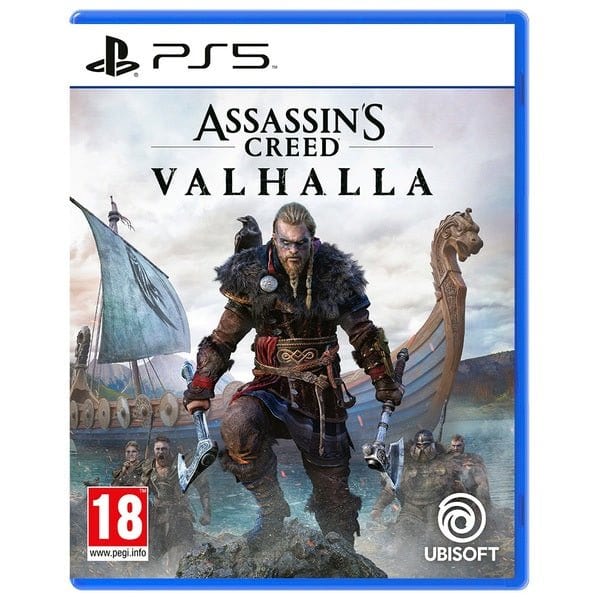 Assassin's Creed Valhalla PS5 game case featuring Viking warrior Eivor with dual axes and raven