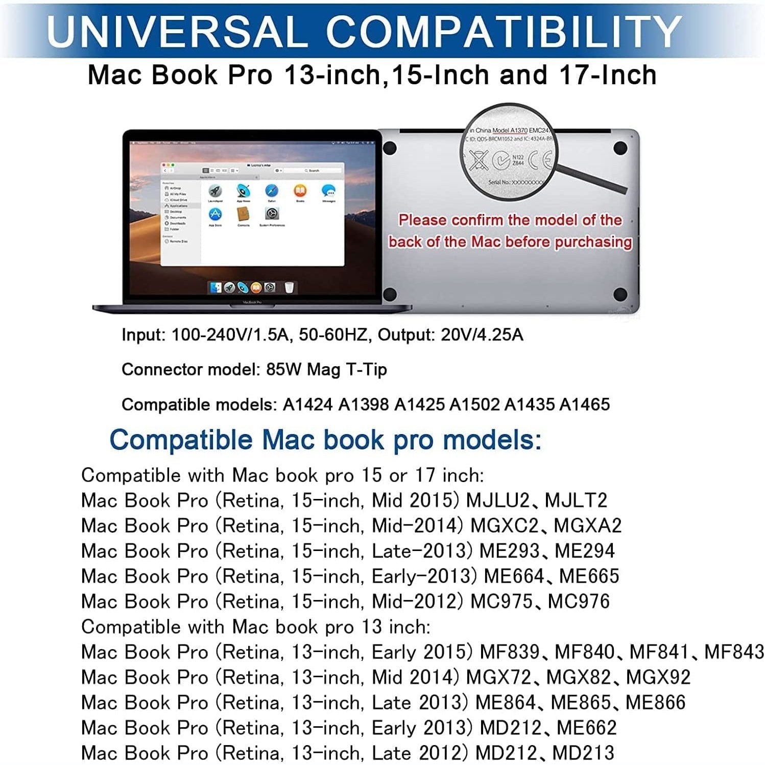 Compatible with Mac Book Pro Charger, T - Tip Power Adapter 85W for Mac Book Pro 13" 15" 17" Inch Mac Book Air 11" 13" 2012 2013 2014 2015 (New) - Gadget Converters