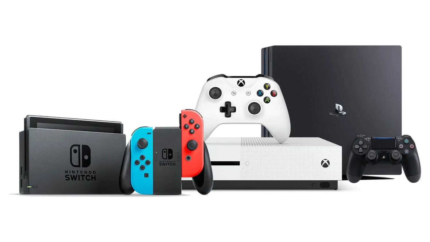 Gaming consoles and controllers including Nintendo Switch, PlayStation, and Xbox on a white background