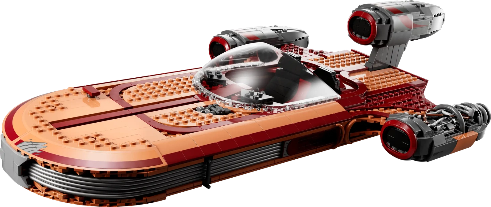 Orange maroon LEGO Star Wars Landspeeder with exposed engine and undercarriage