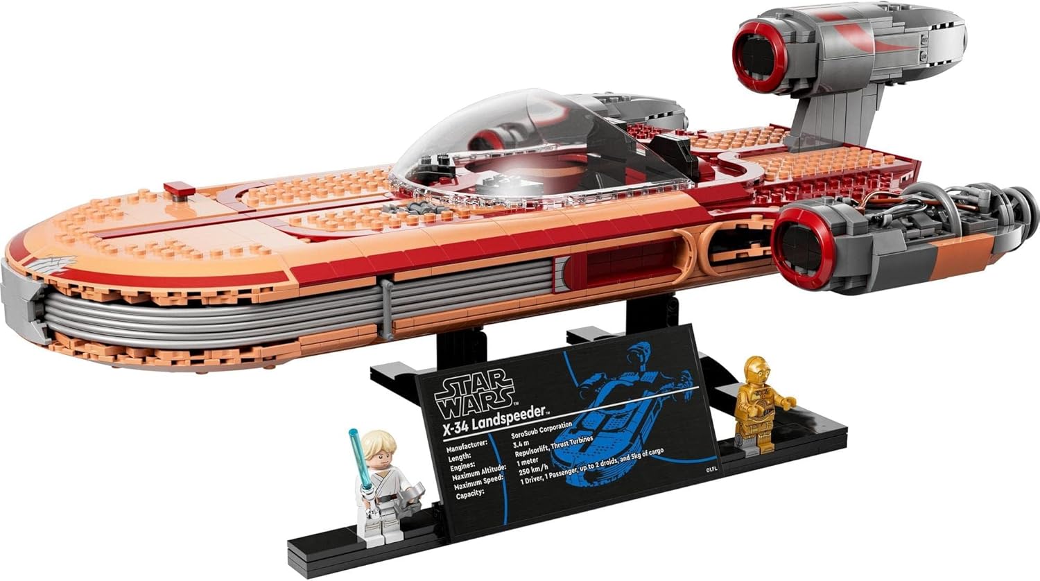 LEGO Star Wars Landspeeder side profile with Luke Skywalker and C-3PO minifigures