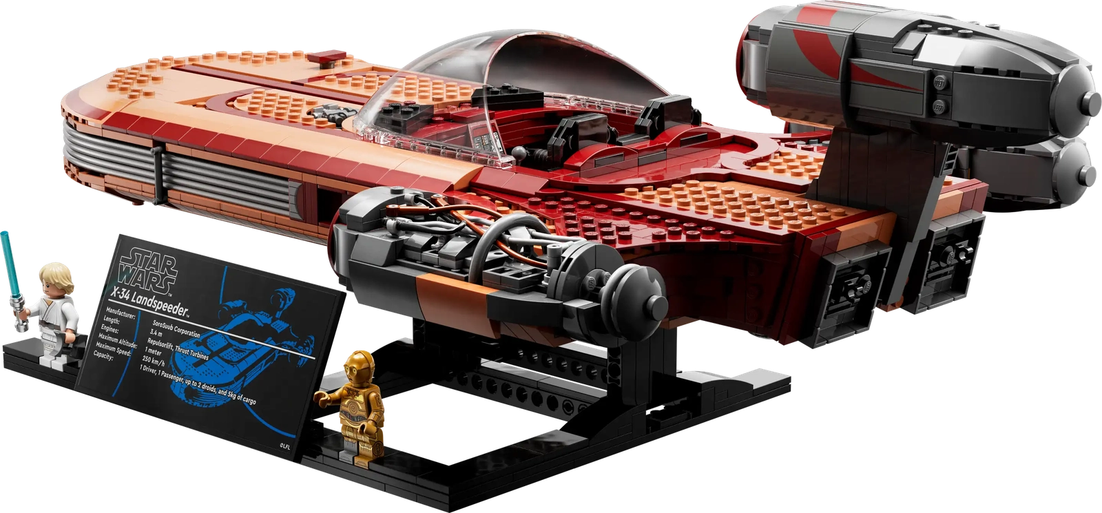 LEGO Star Wars Luke Skywalker Landspeeder UCS model with minifigures and display stand