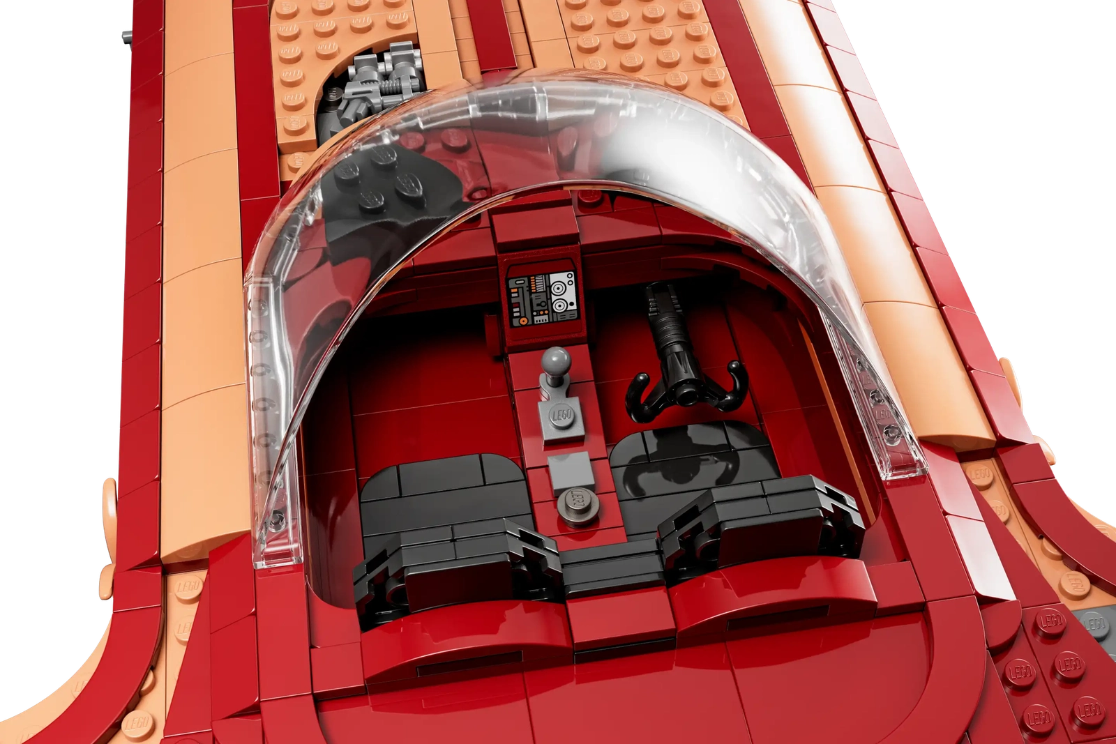 Interior cockpit view of LEGO Star Wars X-34 Landspeeder with control panel details
