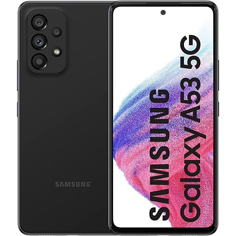Black Samsung Galaxy A53 5G smartphone front and back view with matte finish and quad camera module